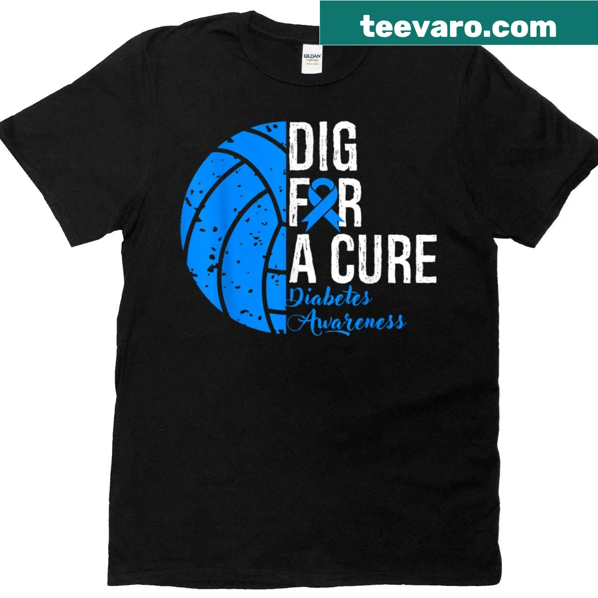 T-shirt with blue ribbons for diabetes awareness and volleyball theme — on a men's t-shirt