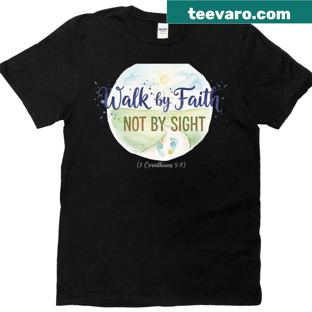 Inspirational T-shirt with the scripture 'Walk By Faith Not By Sight'. — on a men's t-shirt