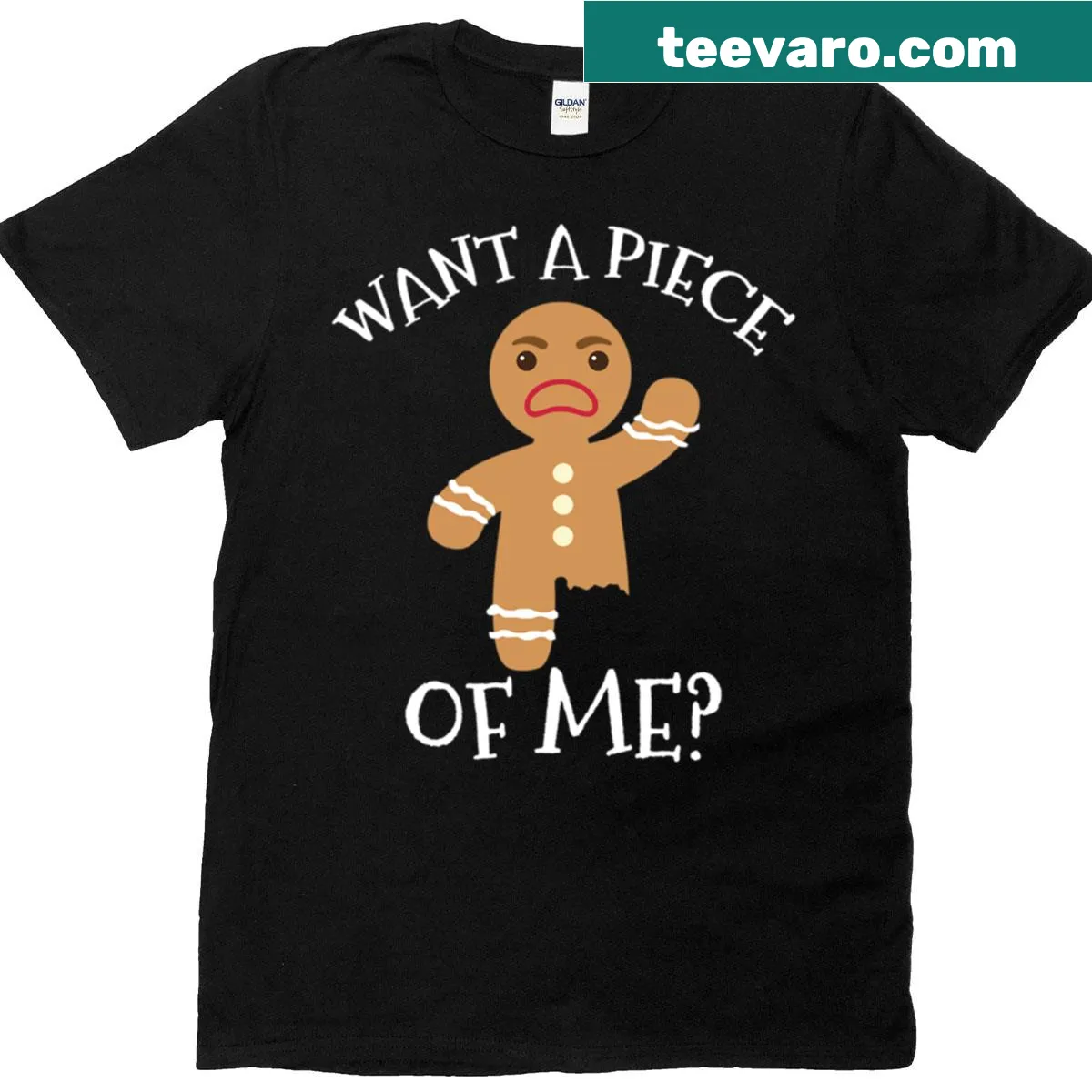 Cartoon gingerbread character with humorous text for Christmas. — on a men's t-shirt
