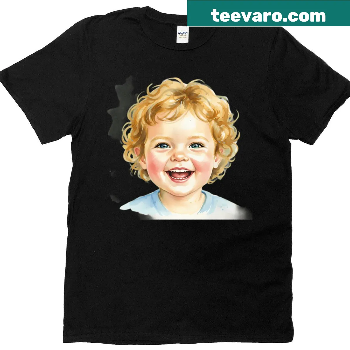Watercolor t-shirt featuring a portrait of a smiling child — on a men's t-shirt