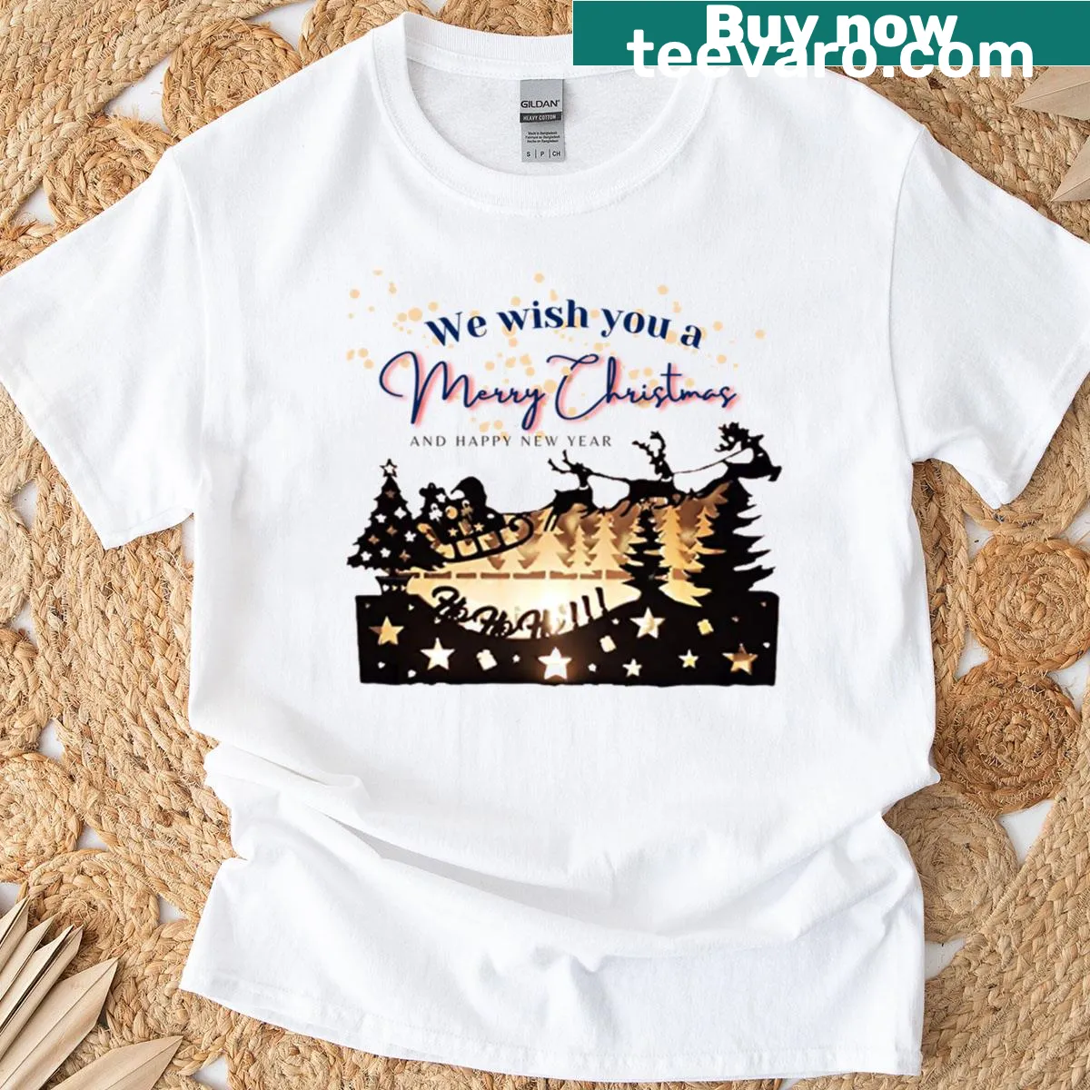 Festive t-shirt with 'We Wish You A Merry Christmas And Happy New Year' text — on a men's t-shirt