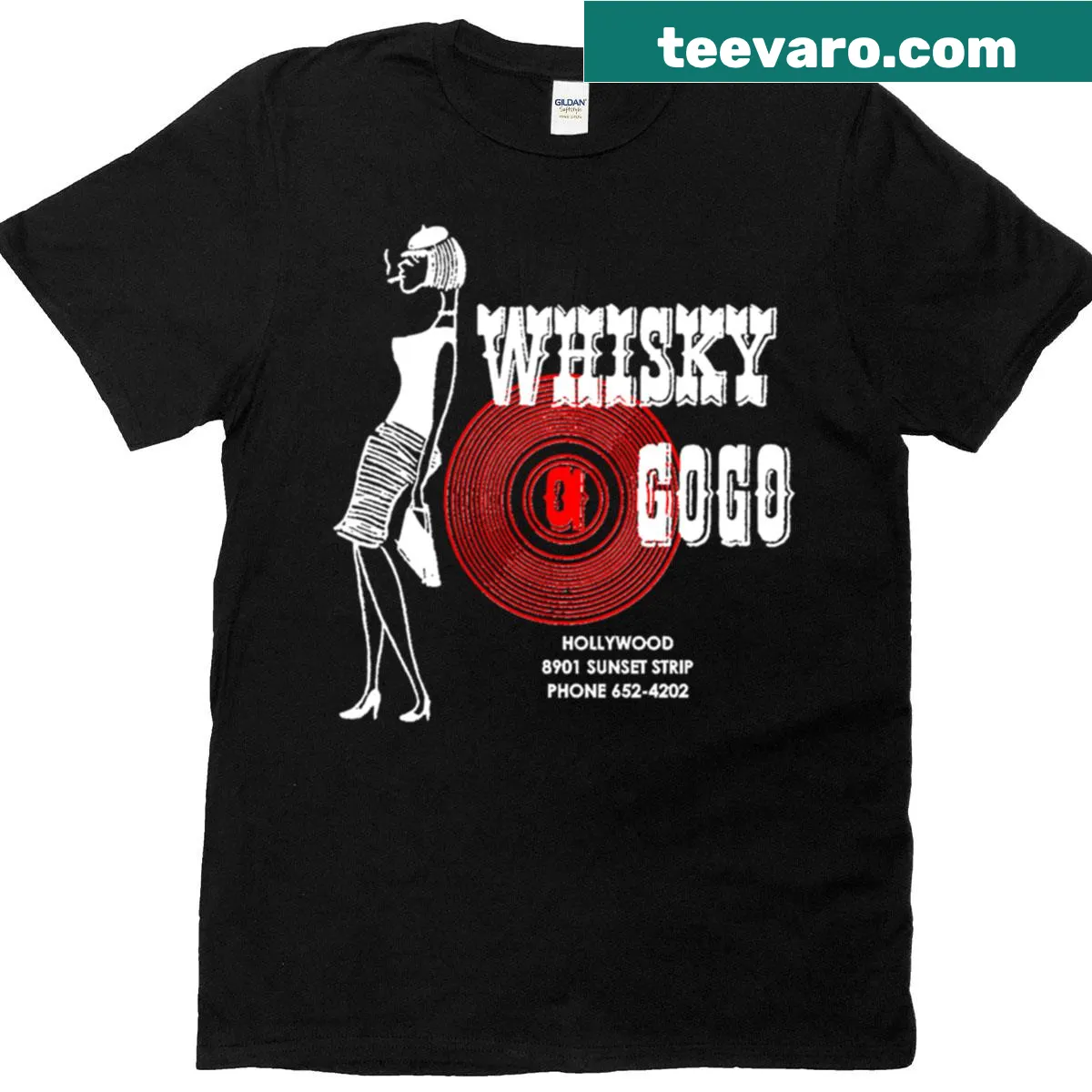 Vintage-style graphic of Whisky A Go Go venue on a t-shirt — on a men's t-shirt