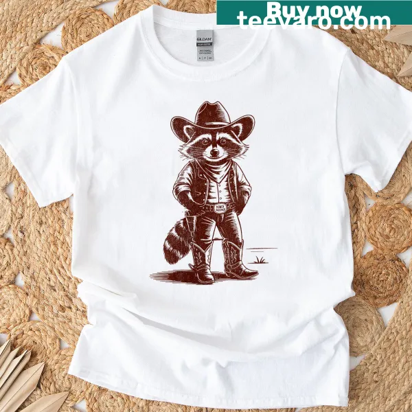 Funny cartoon raccoon cowboy T-shirt for women.