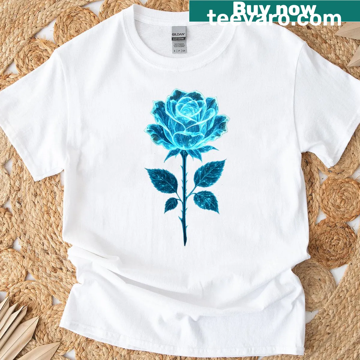 Floral T-shirt featuring line art of an ice crystal rose — on a men's t-shirt