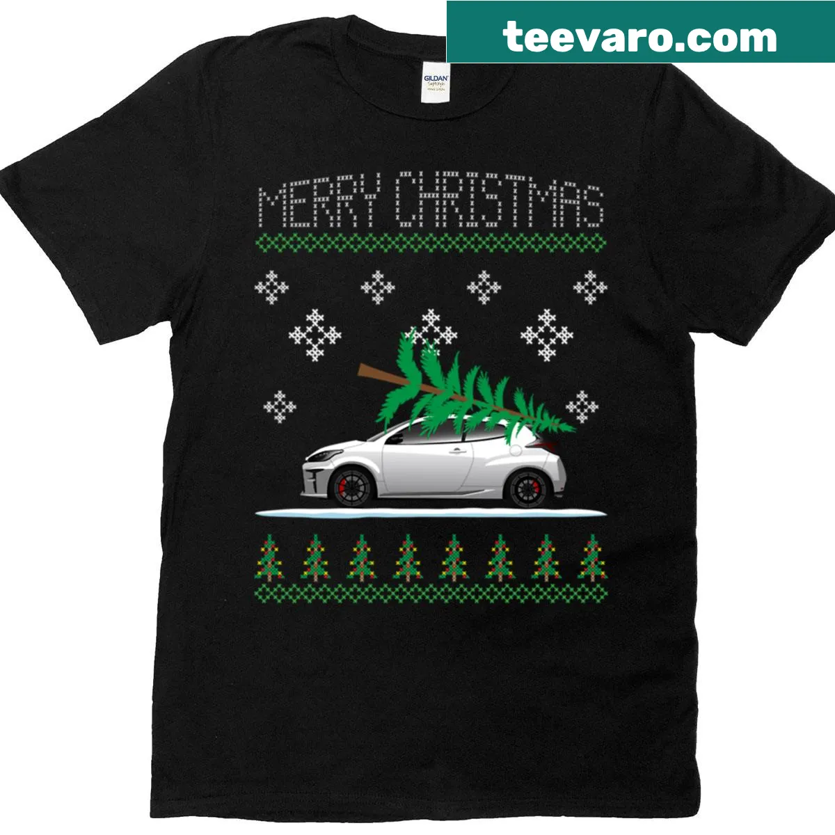 Christmas-themed Yaris GR car illustration T-shirt — on a men's t-shirt