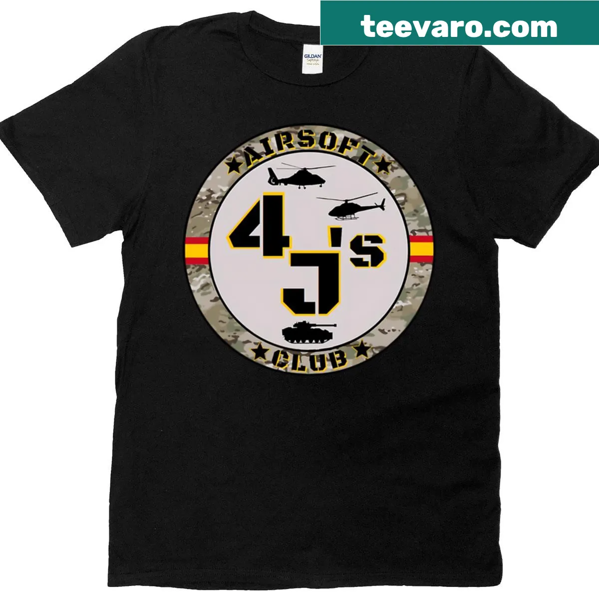 Official logo T-shirt for 4js Airsoft Club — on a men's t-shirt
