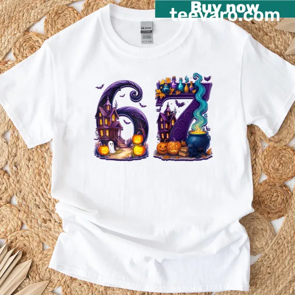 Funny T-shirt featuring a skeleton and meme about numbers 6 and 7.