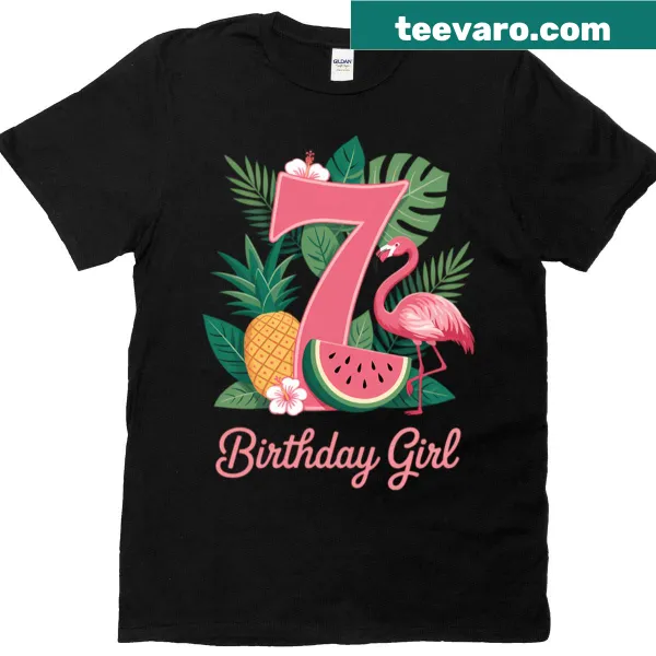 Tropical flamingo birthday T-shirt for a 7-year-old girl.