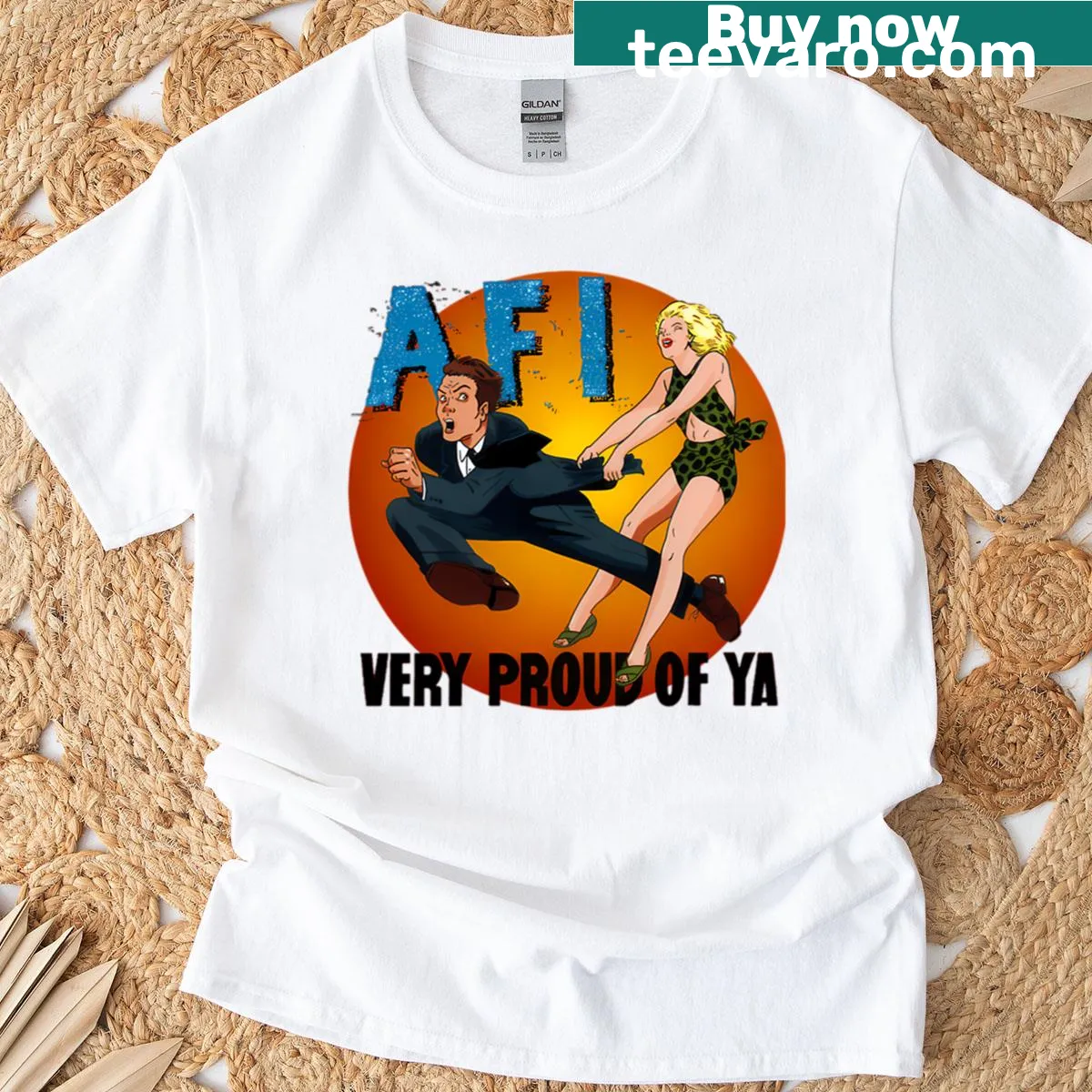 90s punk rock band t-shirt with a retro design — on a men's t-shirt