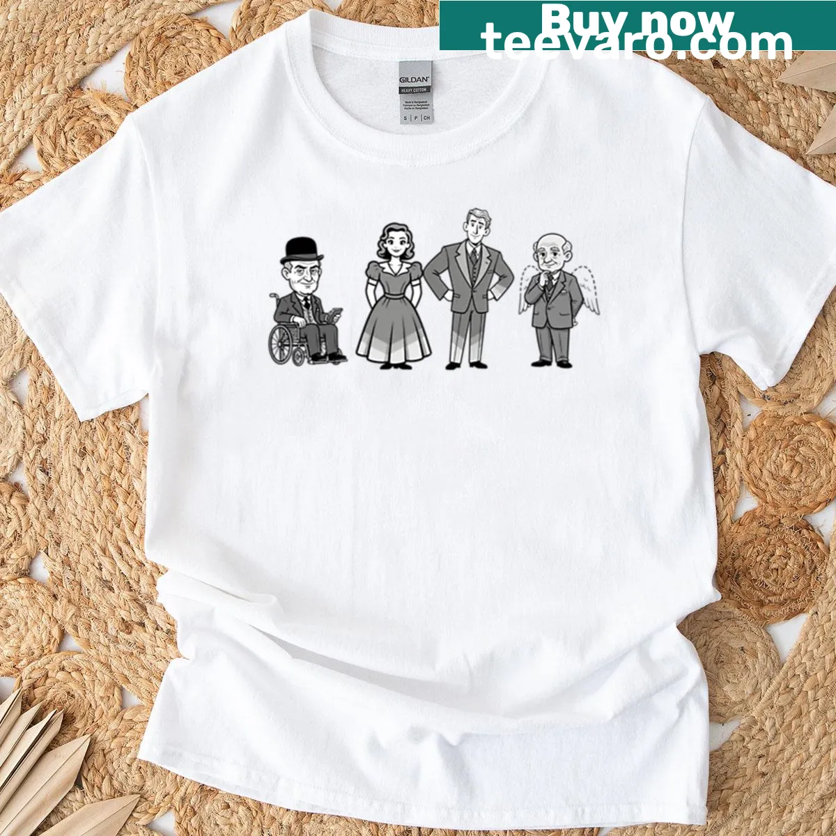 Cartoon design of Bedford Falls characters on kids T-shirt — on a men's t-shirt