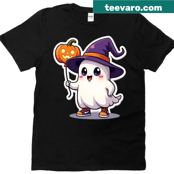 Kawaii T-shirt featuring an adorable Halloween ghost with a pumpkin balloon