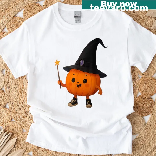 Cute T-shirt with a pumpkin wizard design for kids.