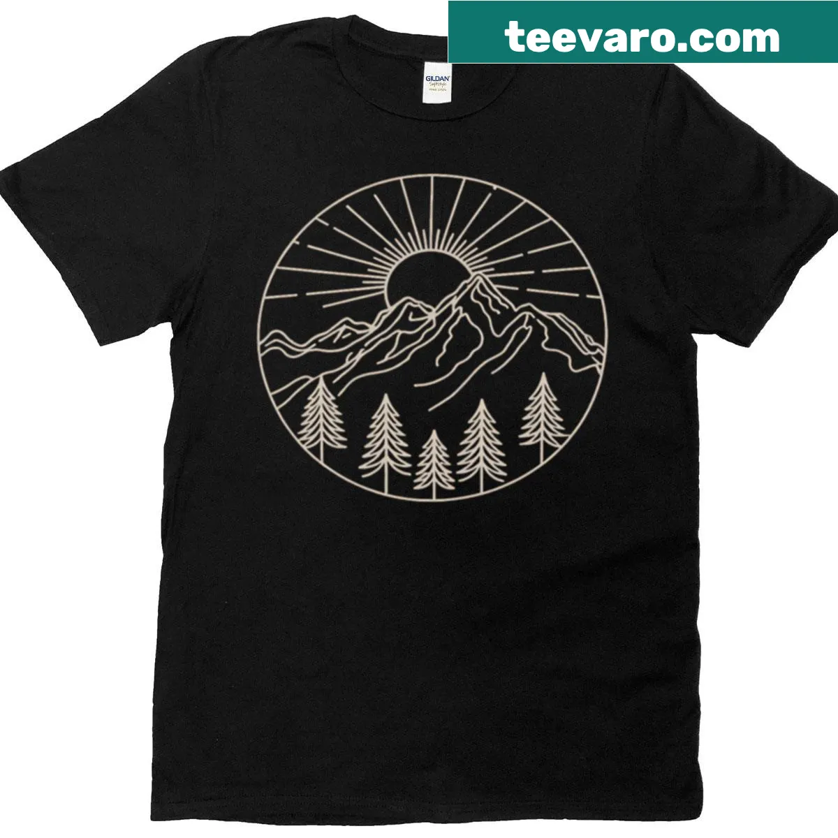 Illustrative mountain scene on a camping-themed T-shirt. — on a men's t-shirt