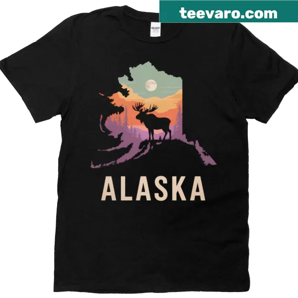 Illustrated map of Alaska with a moose design on T-shirt
