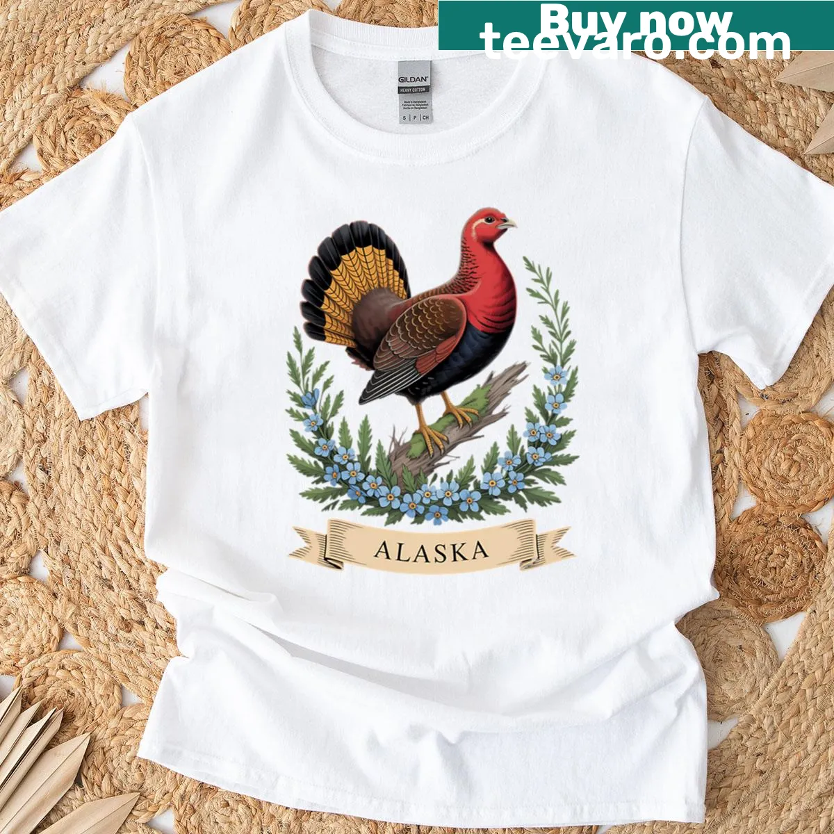 Illustration of a Willow Ptarmigan bird and forget-me-not flowers on a t-shirt — on a men's t-shirt