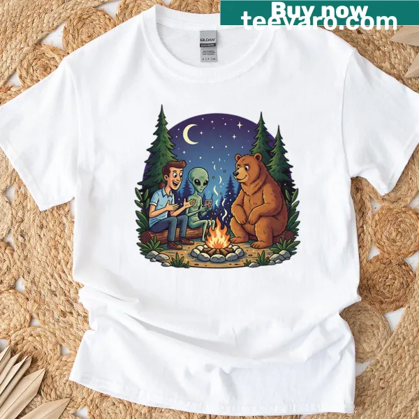 Whimsical illustration of alien, bear, and human by a campfire
