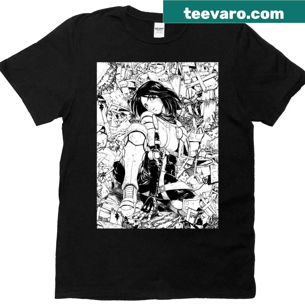 Alita Battle Angel graphic T-shirt featuring manga art. — on a men's t-shirt