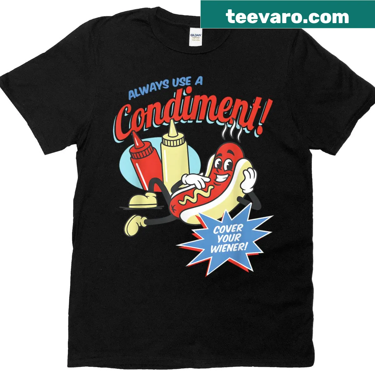Humorous T-shirt with a hot dog and condiment illustration — on a men's t-shirt