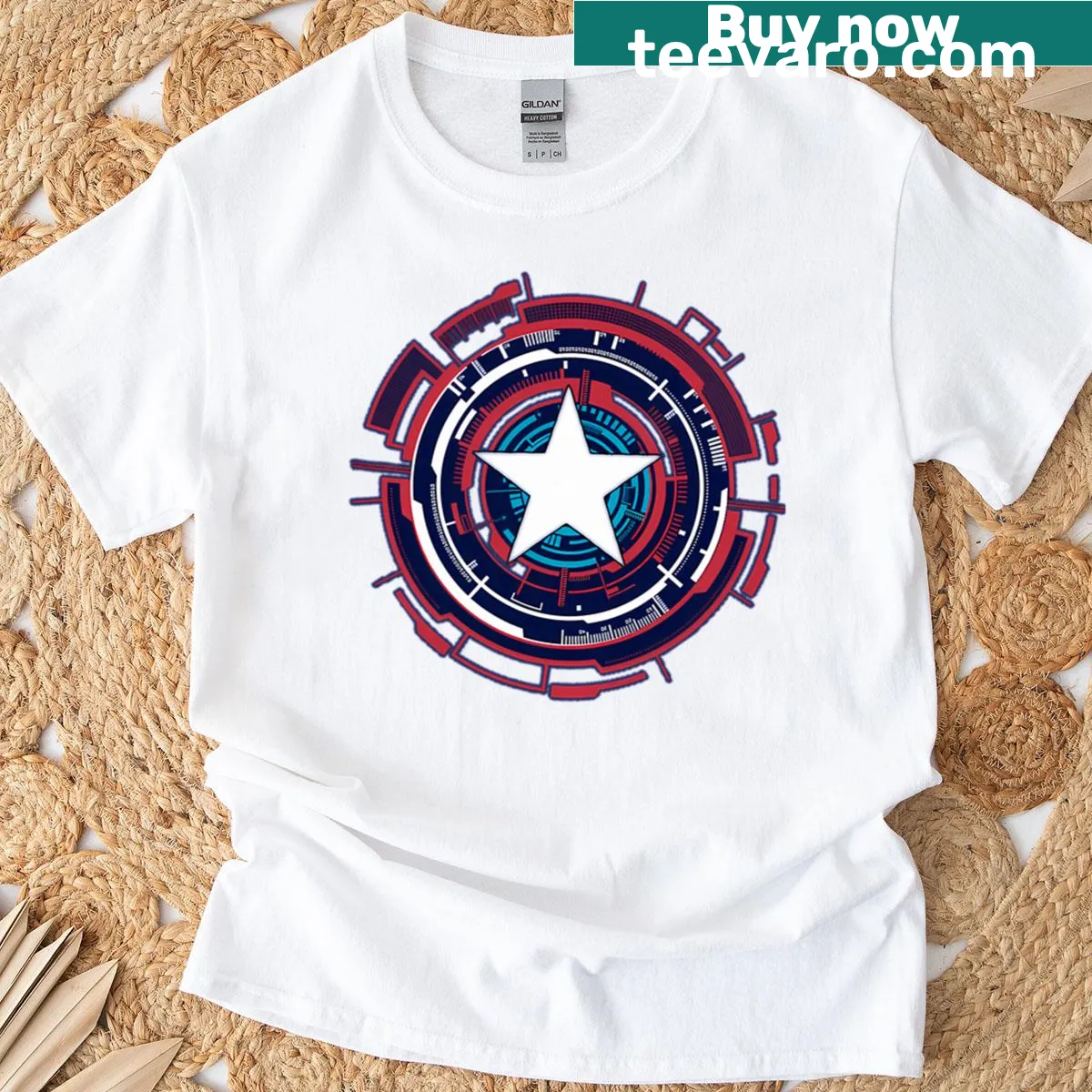 Futuristic patriotic logo T-shirt representing American values — on a men's t-shirt