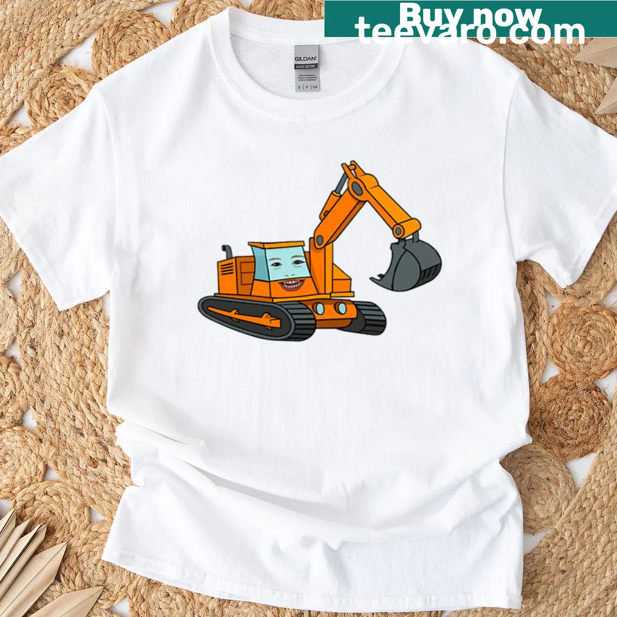 Whimsical T-shirt featuring an anthropomorphic excavator illustration. — on a men's t-shirt
