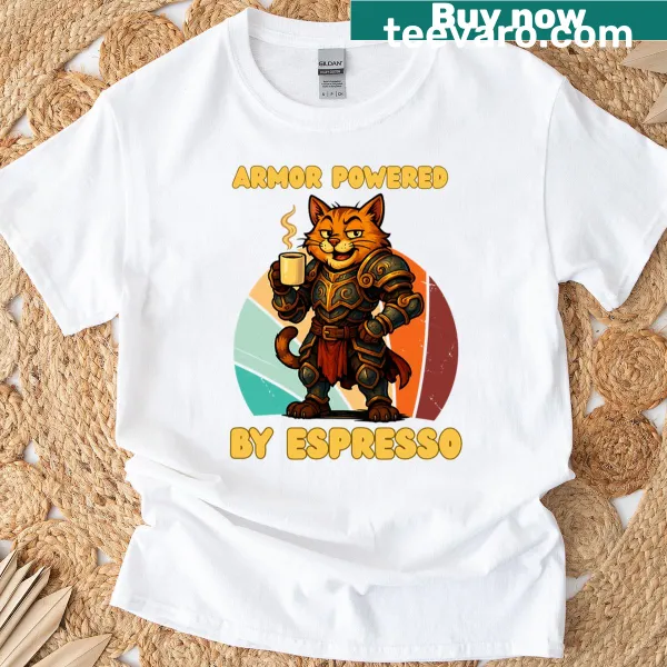 Playful T-shirt featuring a cat and 'Armor Powered By Espresso' design