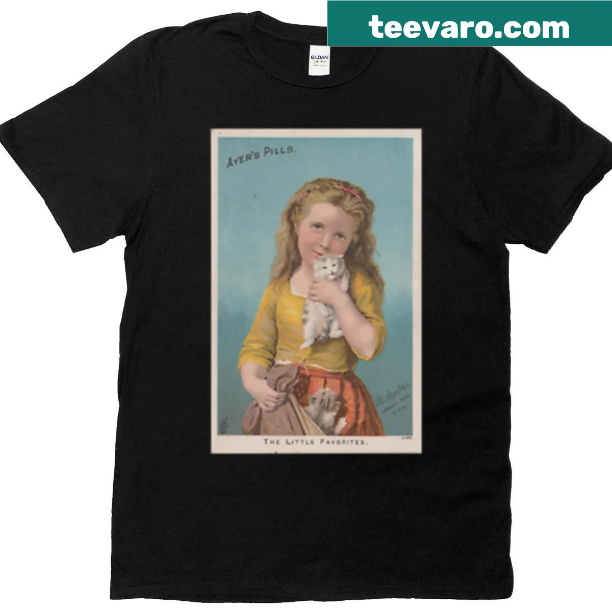 Vintage-style shirt featuring little girl with kittens design — on a men's t-shirt