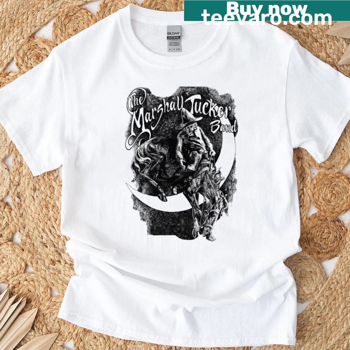 Illustrative band logo T-shirt celebrating '90s rock music — on a men's t-shirt