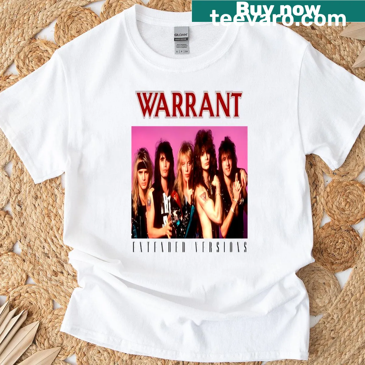 T-shirt with glam metal band art and tour design — on a men's t-shirt