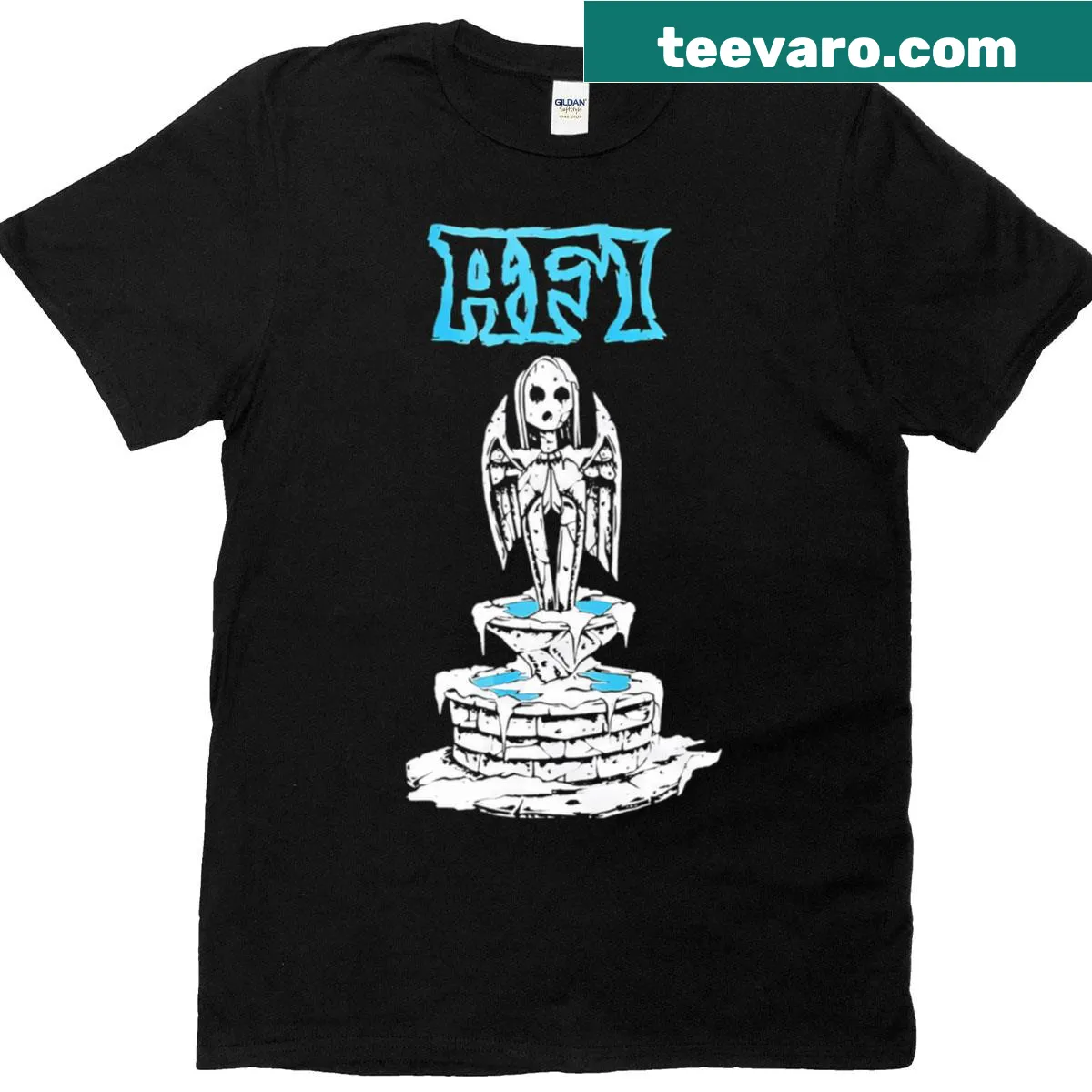 Illustrated punk music logo t-shirt in black — on a men's t-shirt