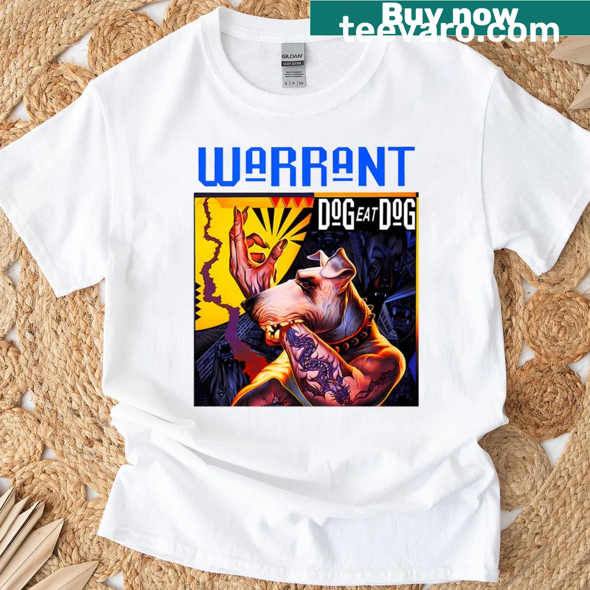 Illustrated band logo T-shirt with metal music elements — on a men's t-shirt