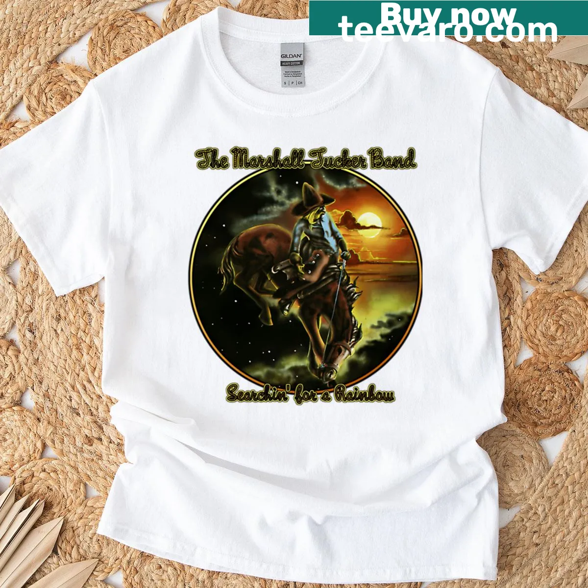 T-shirt with artistic 90s rock band logo designs — on a men's t-shirt