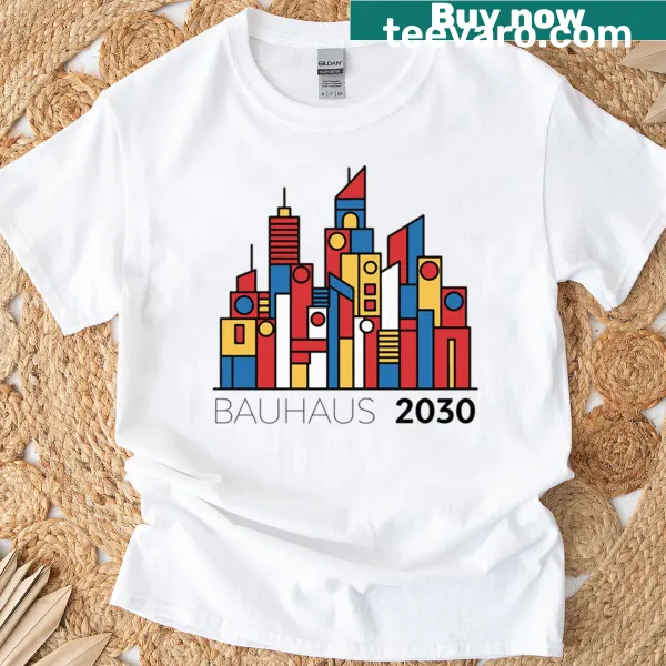 Modern geometric skyline inspired by Bauhaus on a T-shirt