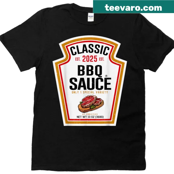 Cartoon-style BBQ sauce label design on a t-shirt for Halloween