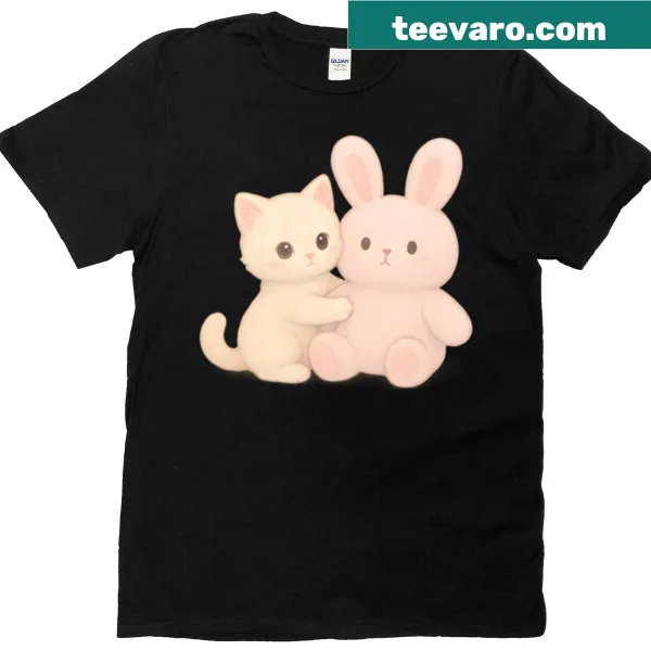 Cute illustration of a beige cat hugging a pink bunny on a T-shirt
