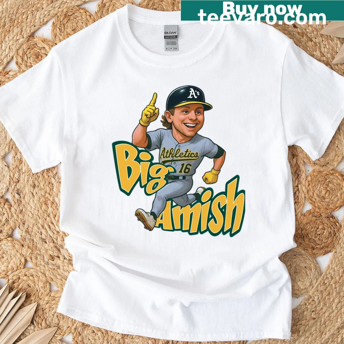 Whimsical Amish-themed T-shirt design with playful graphics — on a men's t-shirt