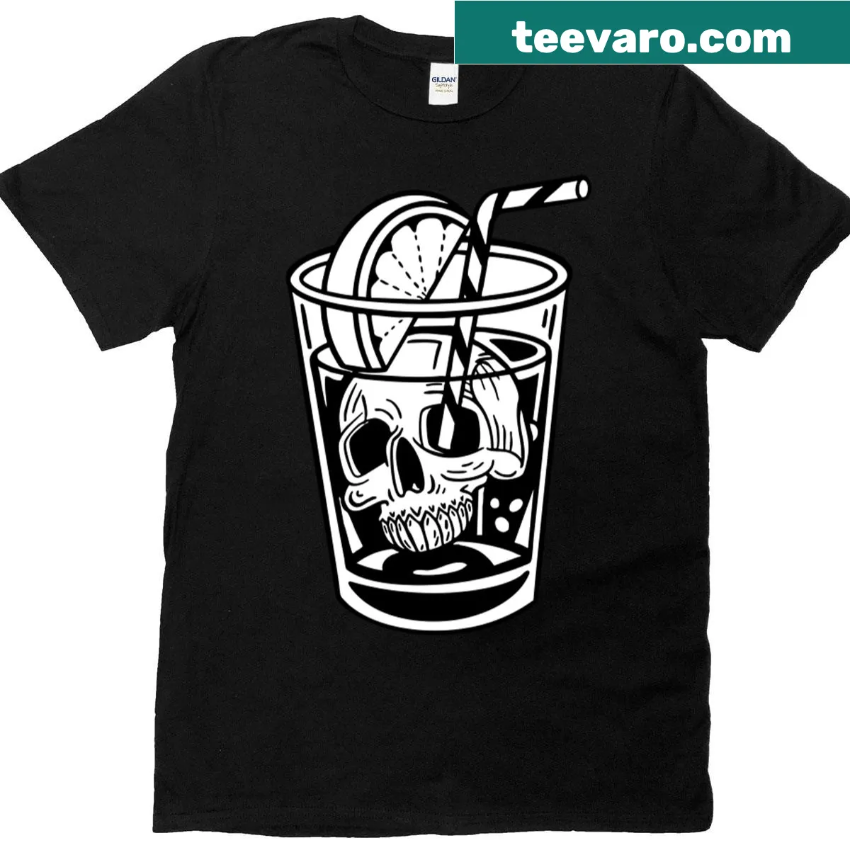 Black and white illustration of a drink and skull on a T-shirt — on a men's t-shirt