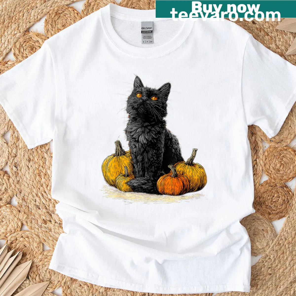 Funny Halloween black cat on a pumpkin t-shirt — on a men's t-shirt
