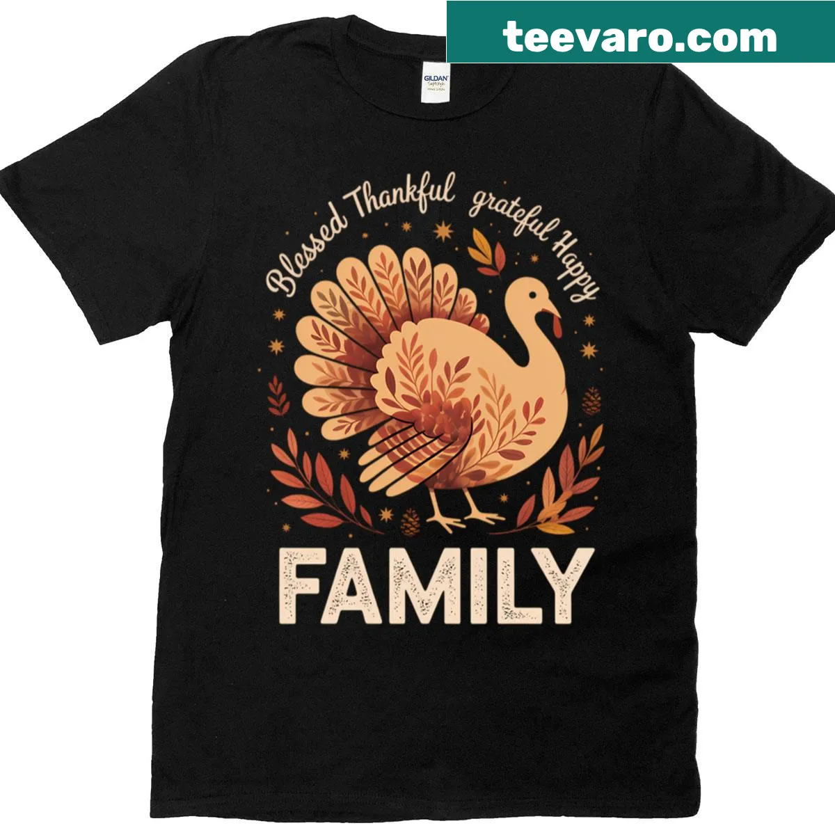 Blessed Thankful Family Thanksgiving T-shirt with heartfelt message — on a men's t-shirt