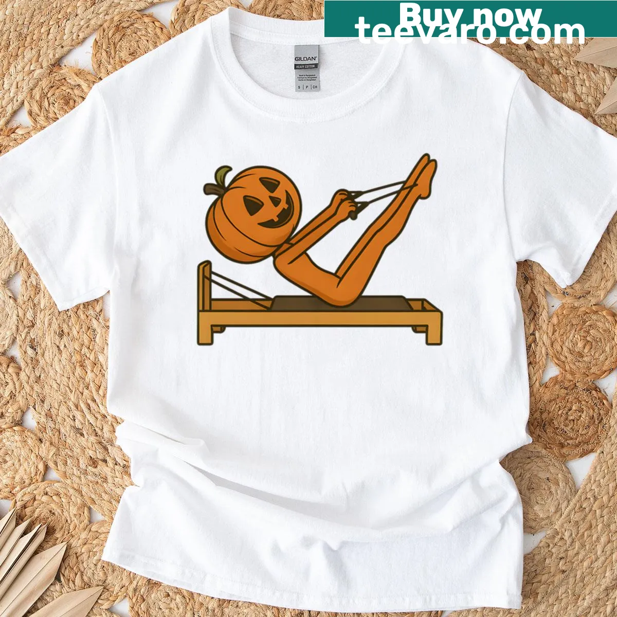 Halloween-themed T-shirt with a blue pumpkin and yoga design — on a men's t-shirt
