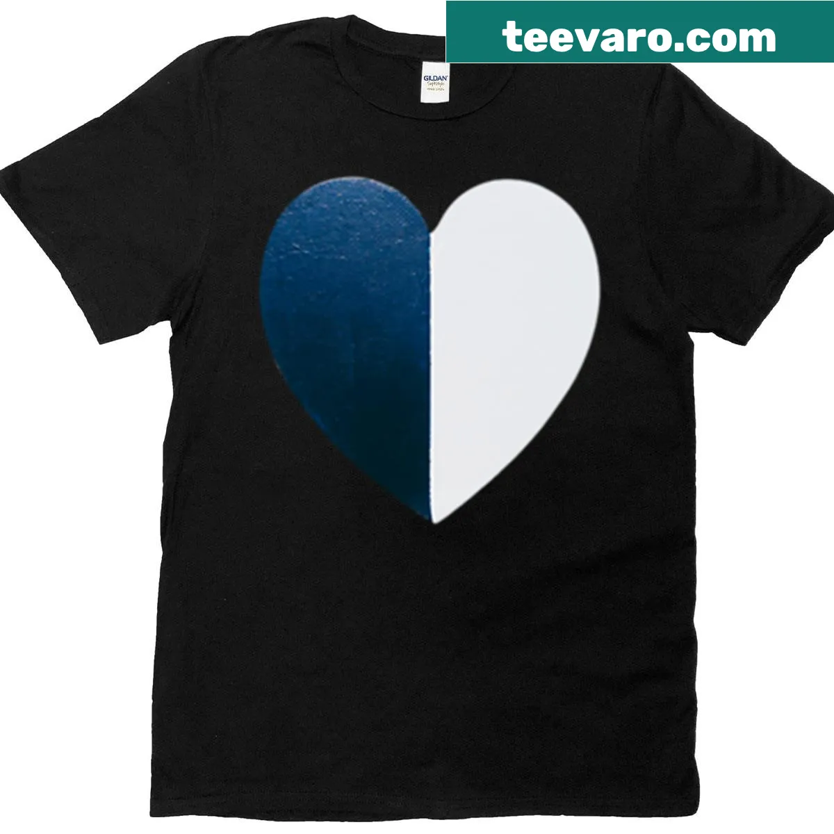 Hand-painted heart design T-shirt in blue and white — on a men's t-shirt