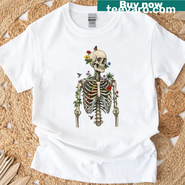 Illustrative T-shirt featuring a blend of botanical elements and bone structures
