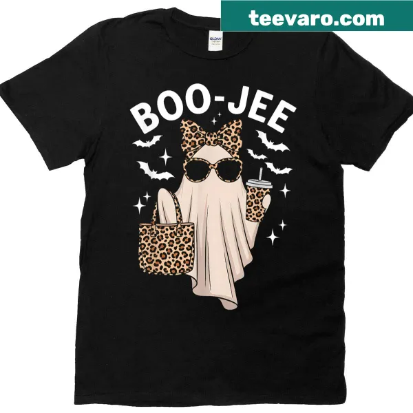 Halloween T-shirt featuring a cute ghost with a coffee cup and bow design