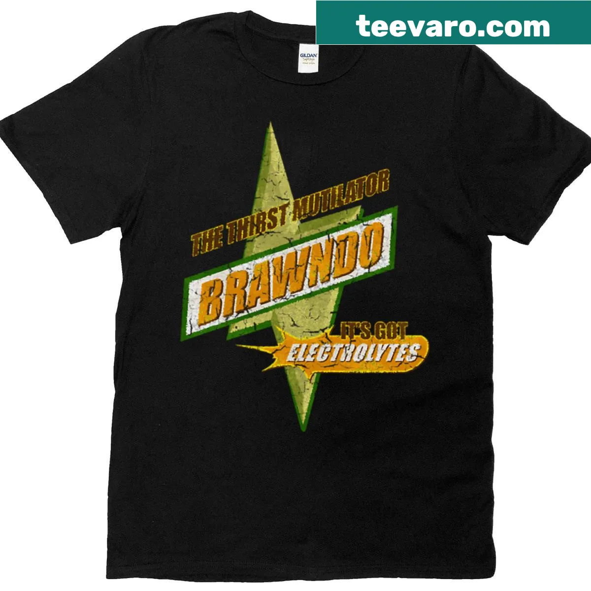 Brawndos logo T-shirt with humorous tagline about electrolytes — on a men's t-shirt