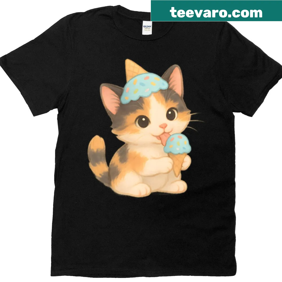 Cute calico cat graphic wearing an ice cream hat — on a men's t-shirt