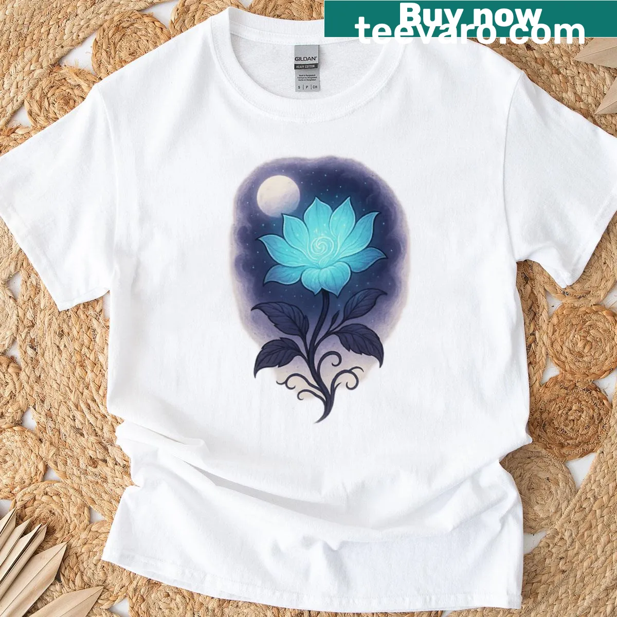 Celestial-themed T-shirt featuring floral and cosmic elements — on a men's t-shirt