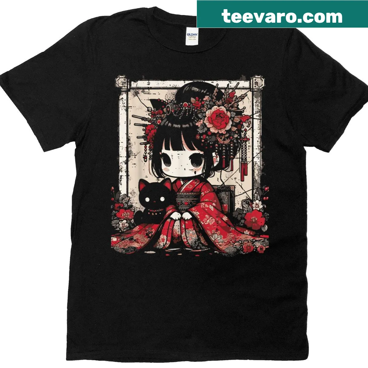 Chibi kimono girl holding a black cat surrounded by flowers — on a men's t-shirt