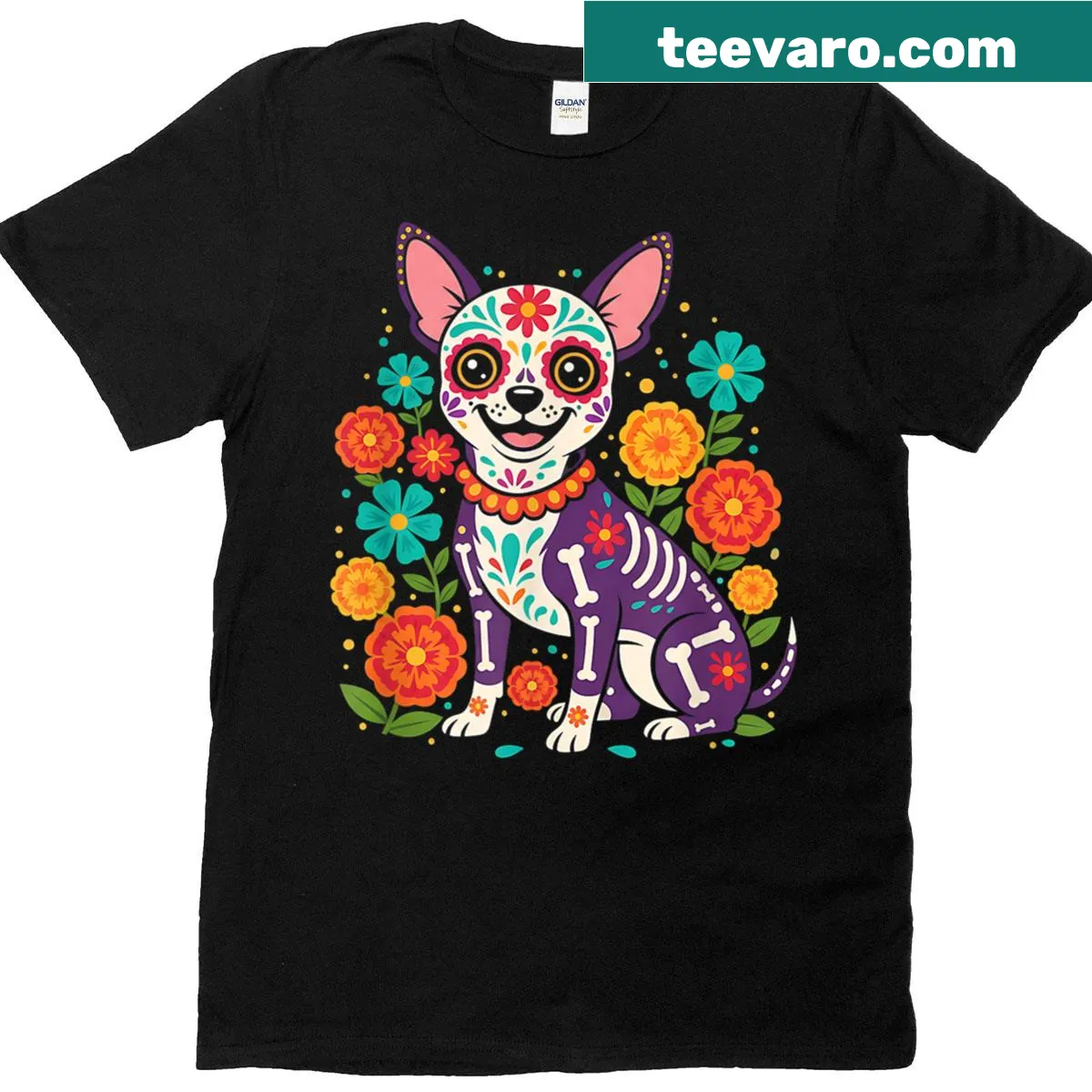 Chihuahua Day of the Dead t-shirt with skull graphic — on a men's t-shirt