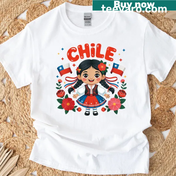 Charming Chilean dress illustration with flags and flowers for kids