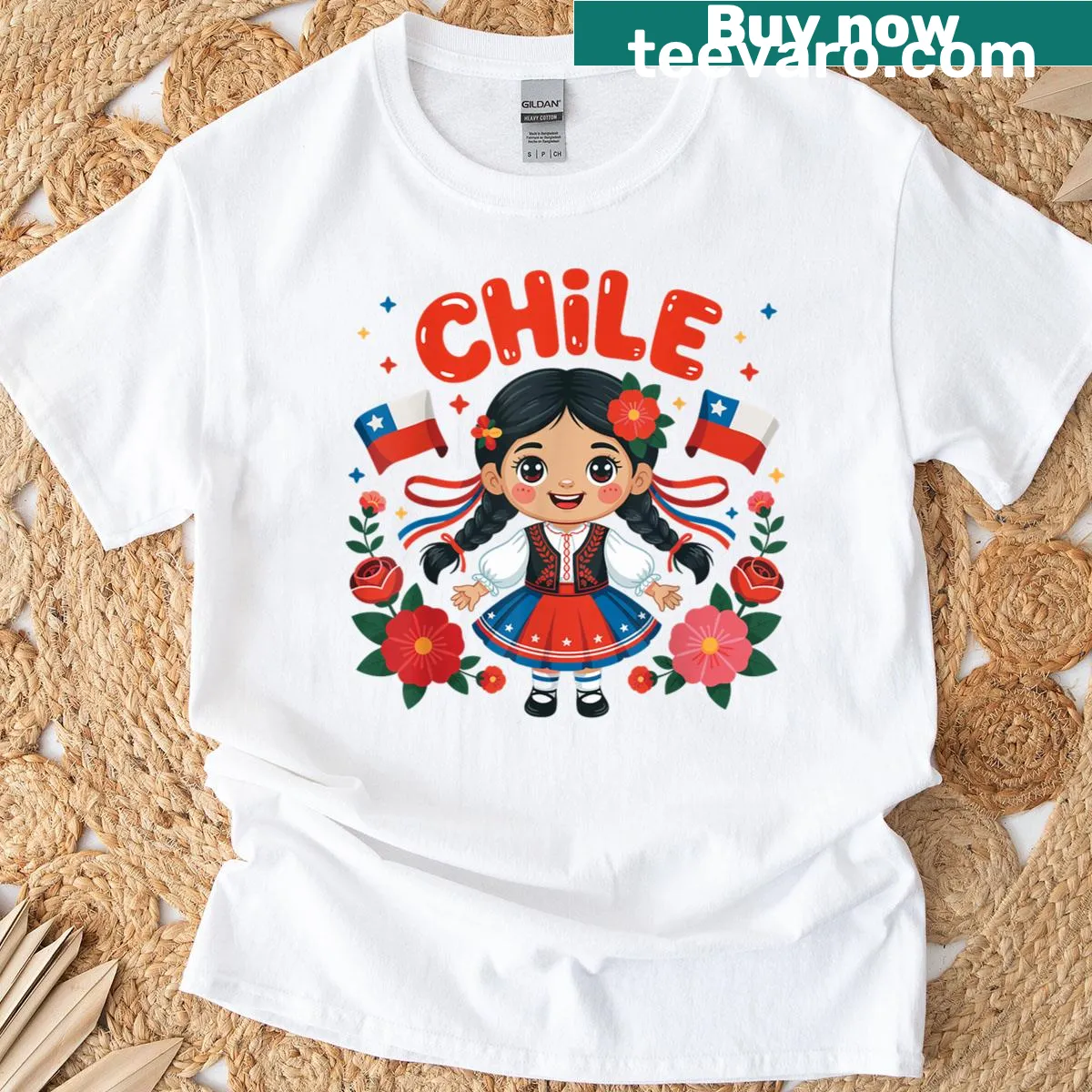 Charming Chilean dress illustration with flags and flowers for kids — on a men's t-shirt