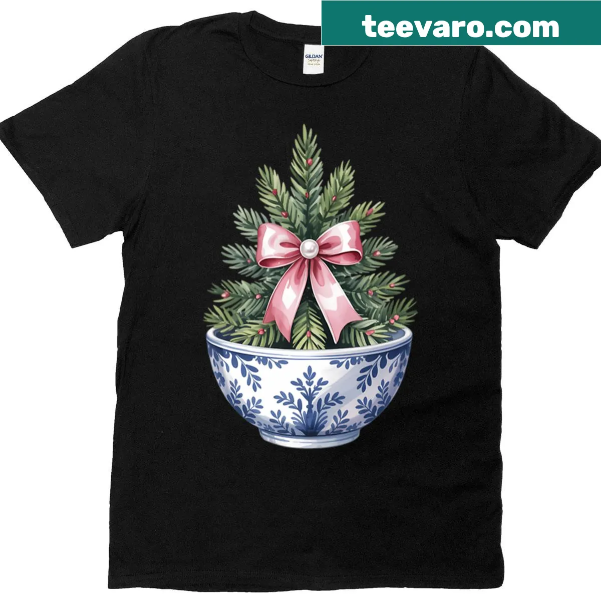 Charming chinoiserie design with Christmas tree and ginger jars — on a men's t-shirt